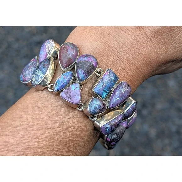 Vintage Bracelet Heavy Silver Statement Jewelry Art Deco Purp Turq sz ADJ *** - Picture 5 of 12